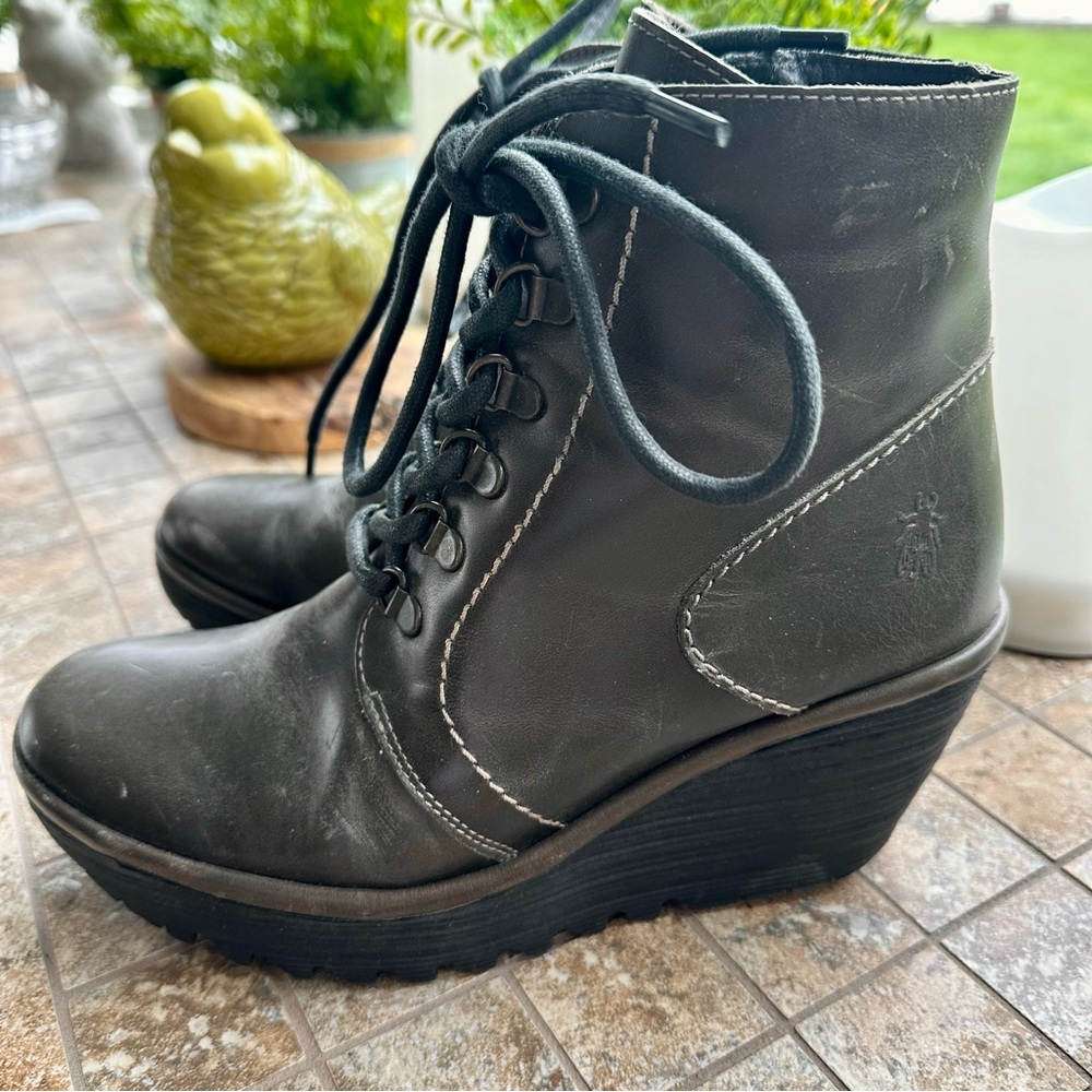FLY LONDON Ankle Boot Dark Moss GREEN OLIVE lace up wedge BOOT boho 39 size 8.5 - Picture 4 of 12